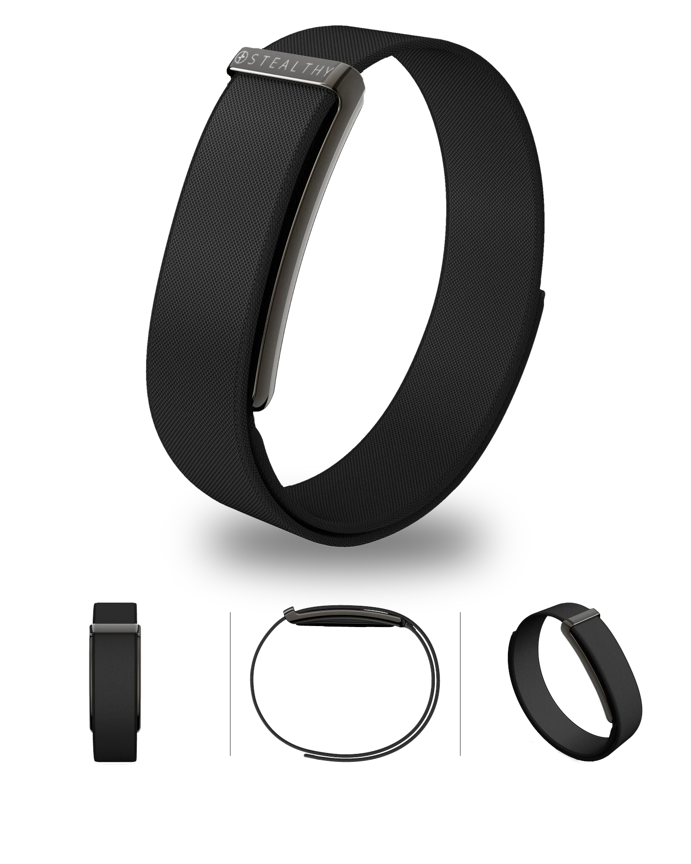 The Stealthy Band, a woven loop with its slim sensor module, at an angle and, below, from the front, from above and as a loop
