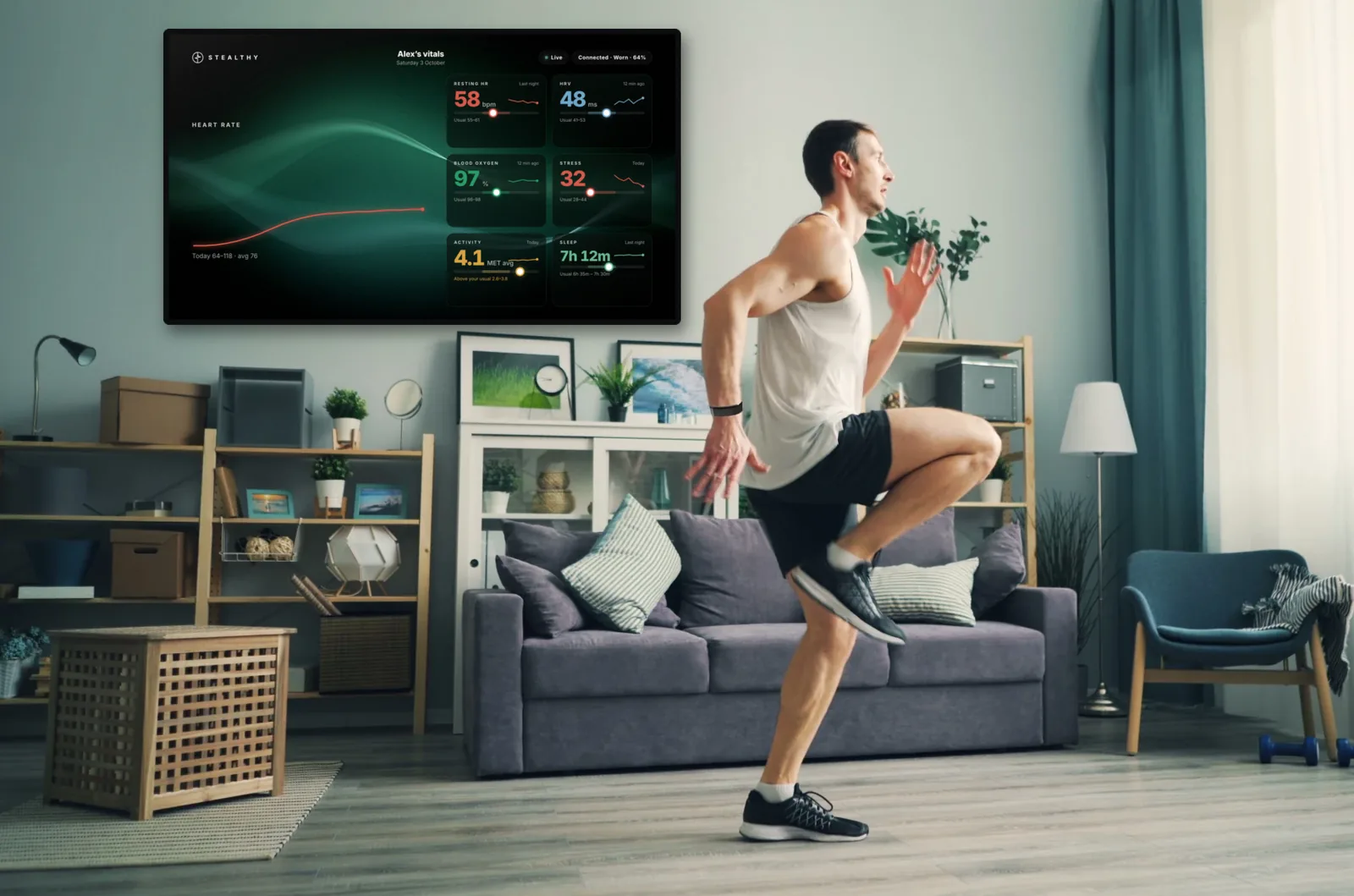 A man doing high knees in a living room, with the Stealthy vitals board on the wall-mounted TV showing live heart rate, resting heart rate, HRV, blood oxygen, stress, activity and sleep